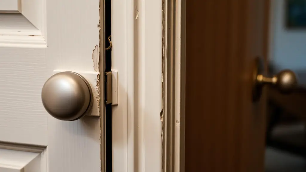 Uneven gap between an interior door and its jamb with rub marks on the frame
