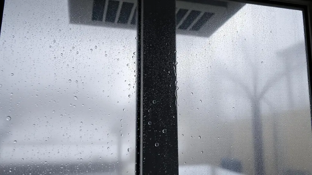 Heavy condensation running down an interior window pane in a steamy laundry room