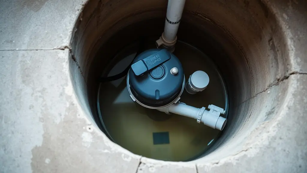 Sump pump sitting in a water-filled basin pit with discharge pipe above it