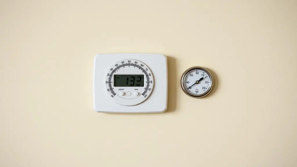 Wall thermostat beside a separate room thermometer showing different readings