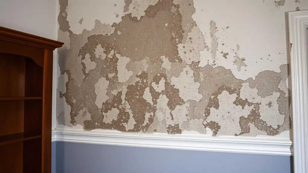 Dark mottled mold growth on a painted interior wall in a corner behind furniture