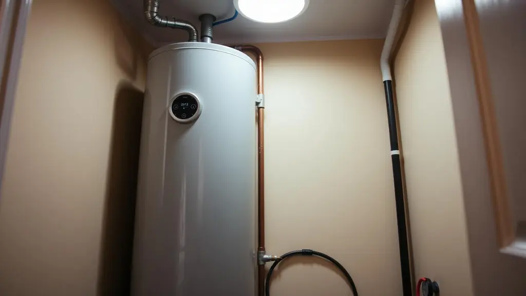 Residential tank water heater in a utility room with its control panel visible