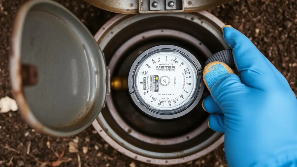 Residential water meter dial being read in an open meter box