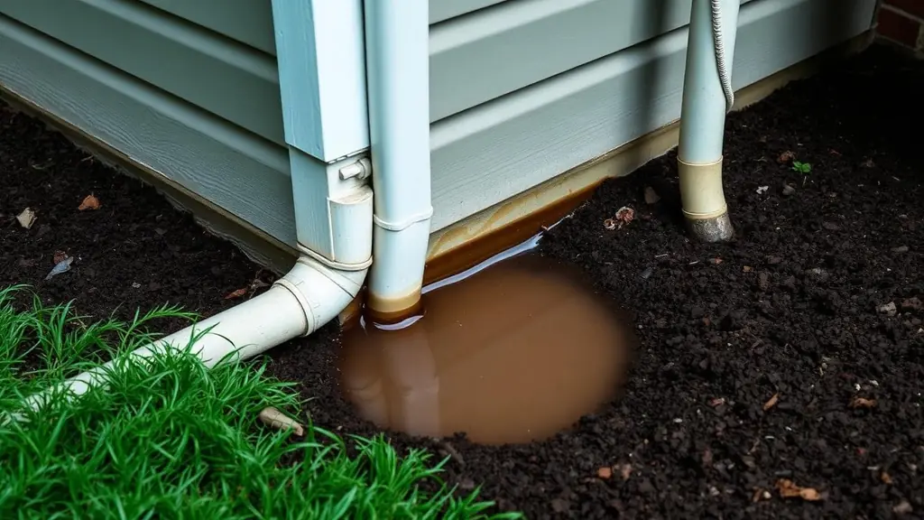 Standing water in the soil against a house foundation wall after rain