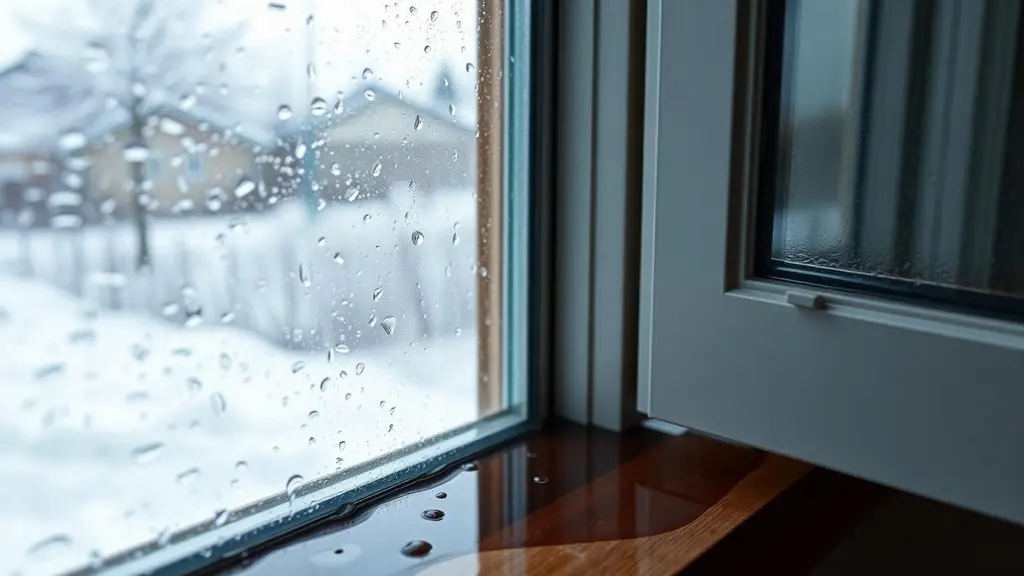 Water droplets running down the inside of a double-pane window with a wet sill