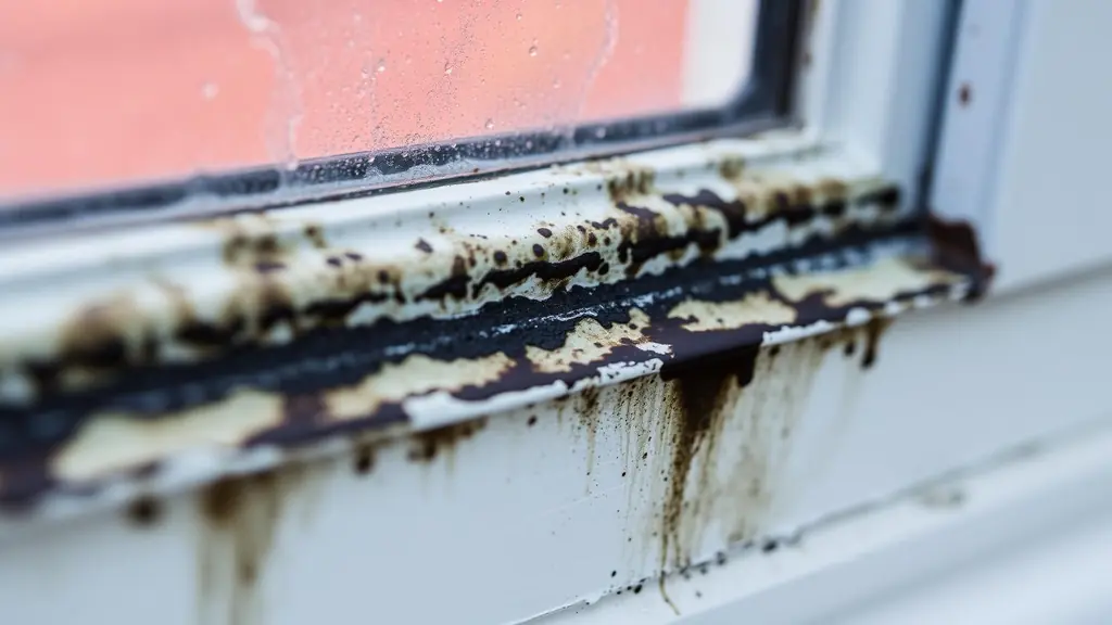 Black mildew spotting along the caulk line and sill of a window frame