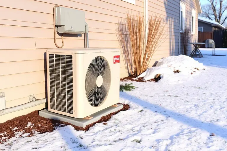 Outdoor heat pump beside a house in winter
