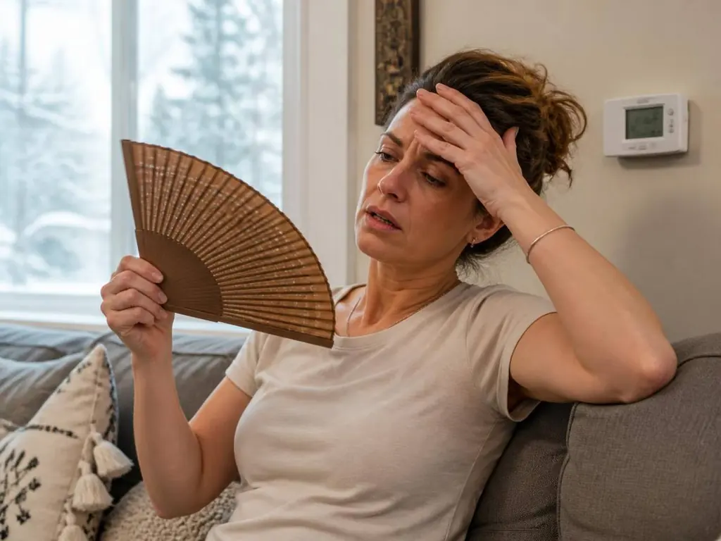 Woman fanning herself beside a thermostat in a hot room