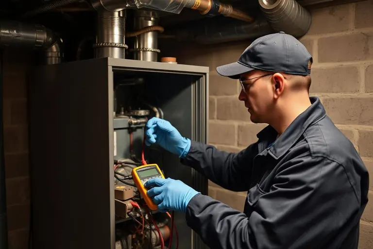 Technician testing a furnace with a multimeter
