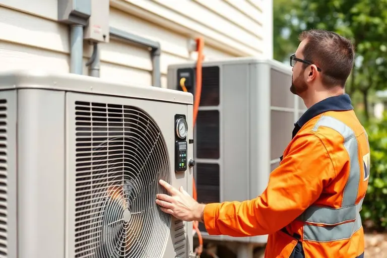 Technician inspecting an outdoor AC condenser
