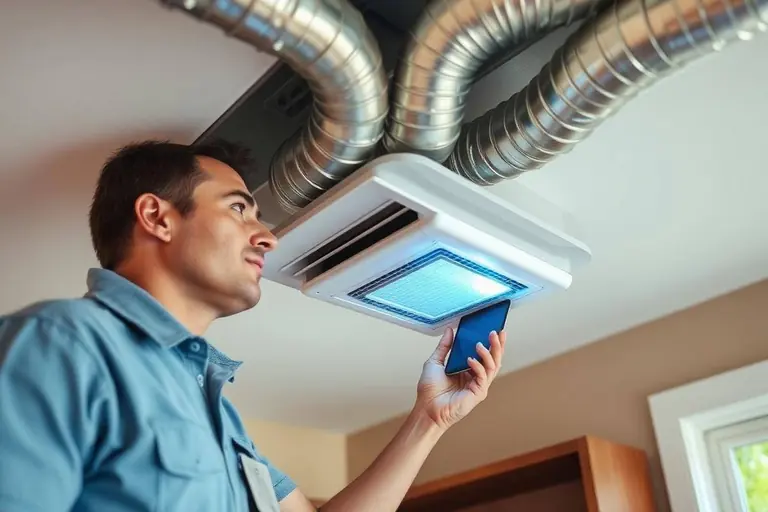 Technician checking airflow at a ceiling supply vent