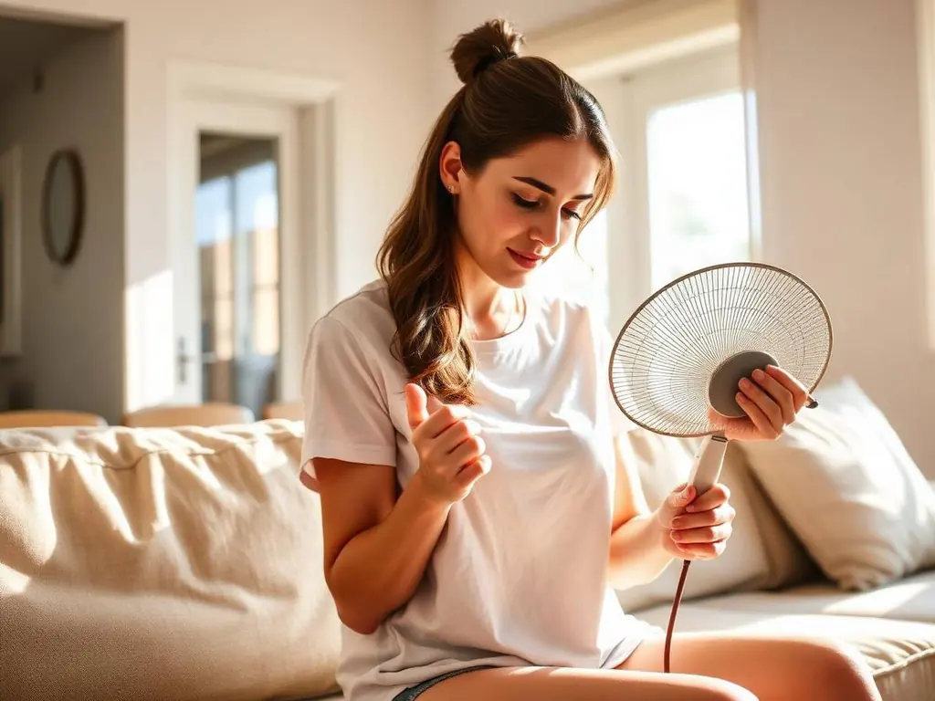 Woman fanning herself in a hot, sunlit living room