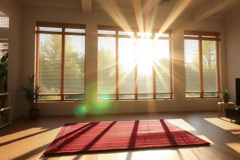 Afternoon sun through large west-facing windows